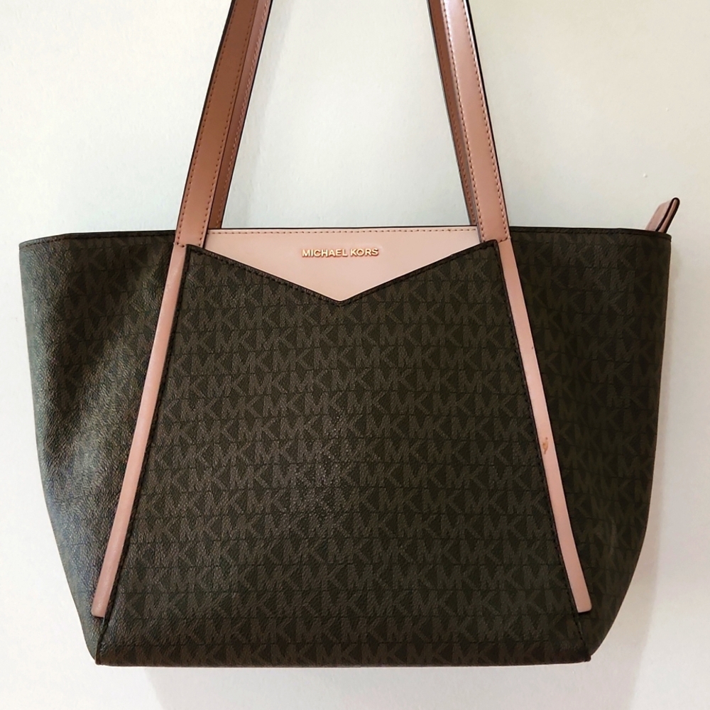 Michael Kors Brown Logo Tote with Pink Trim